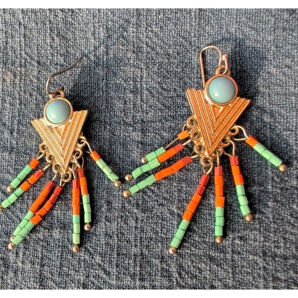 Southwestern Style BEADED Chandelier EARRINGS W/ Gold Tone Base & Faux Turquoise - Picture 3 of 7